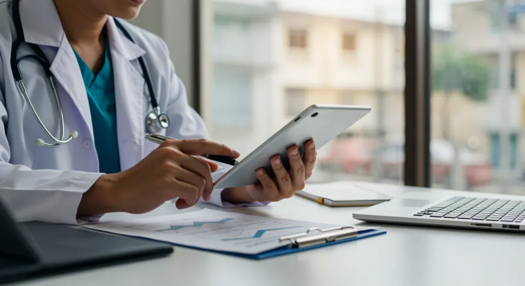 Fraude em plano de saúde: os sinais que sua operadora não pode ignorar Médico interagindo com tablet para investigar fraude em plano de saúde.