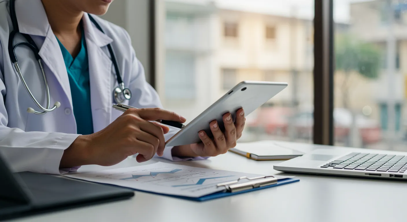 Fraude em plano de saúde: os sinais que sua operadora não pode ignorar Médico interagindo com tablet para investigar fraude em plano de saúde.