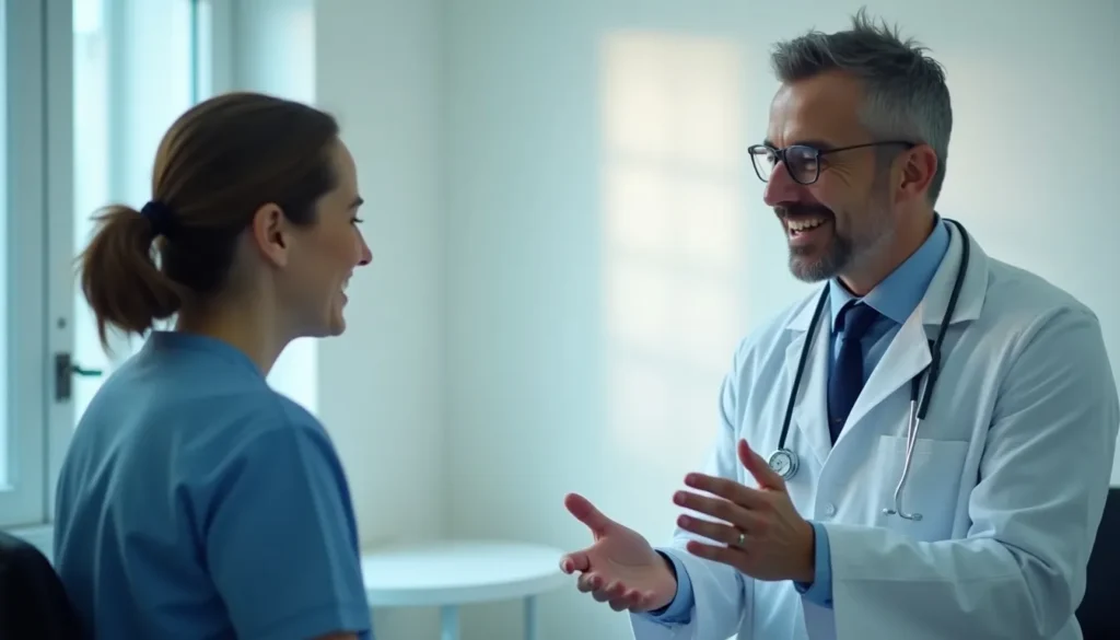 Experiência do beneficiário e desfecho clínico: como esses mundos se encontram Foto de paciente e médico sorrindo em consultório.