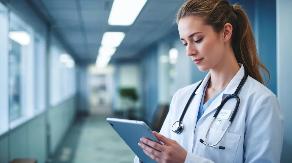 Foto de profissional da saúde com tablet: data analytics é essencial para operadoras de saúde