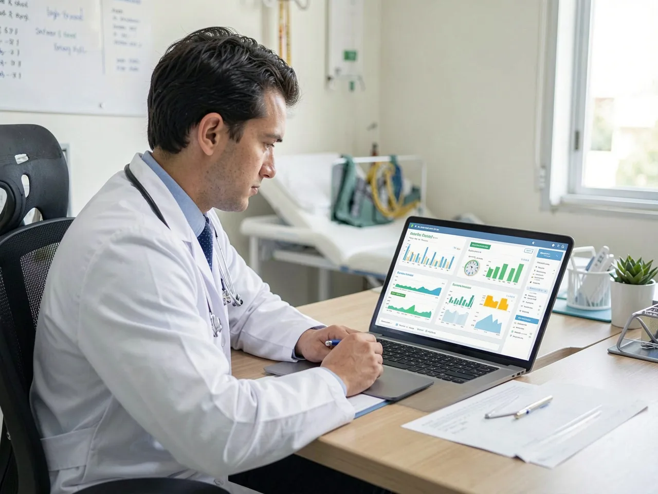 Foto ilustrativa de médico olhando para notebook com dados. Entenda a importância do data lake para operadoras de saúde.
