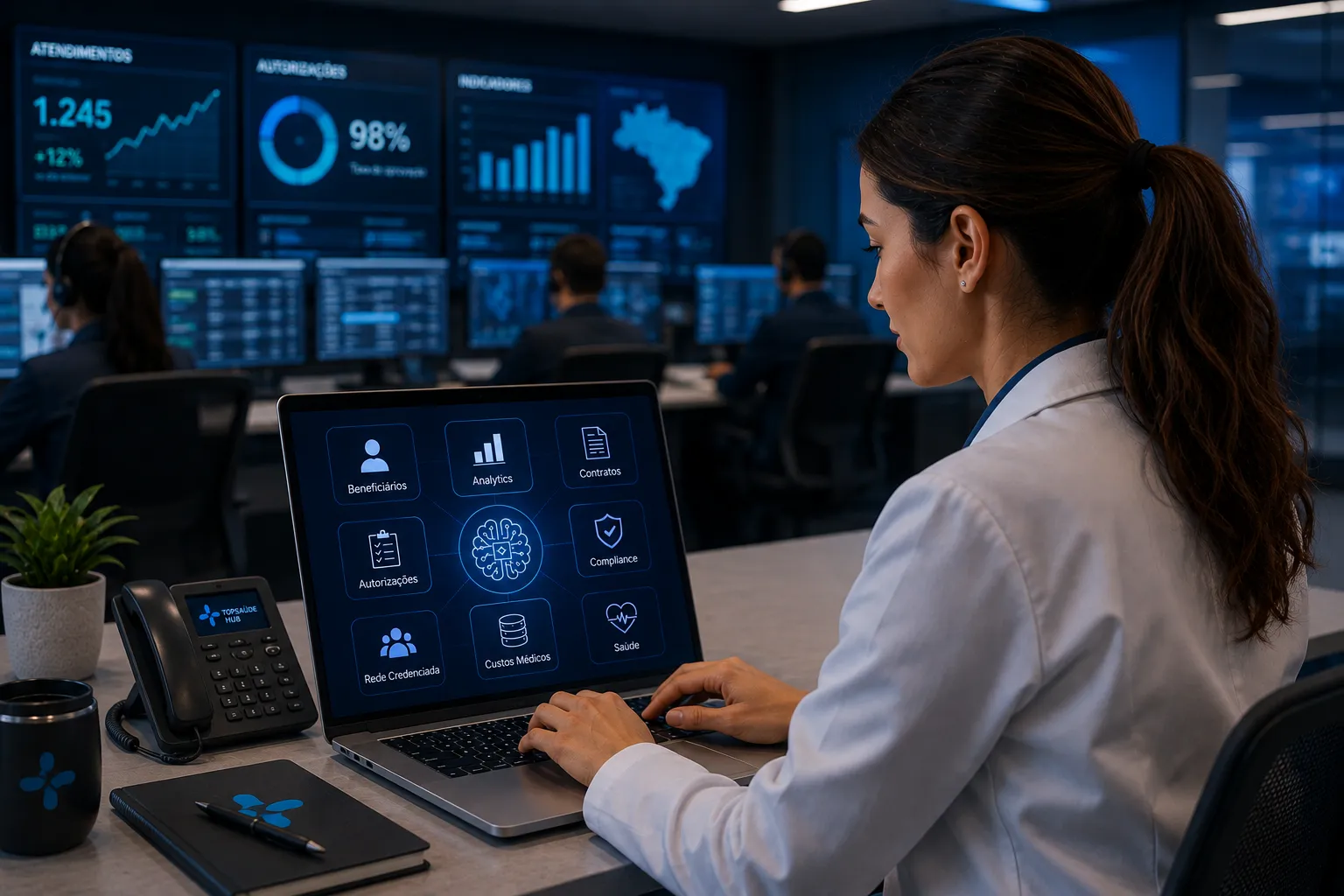 Por que integrar IA ao ERP é o próximo passo para operadoras de saúde Imagem ilustrativa de mulher utilizando ERP para operadoras de saúde