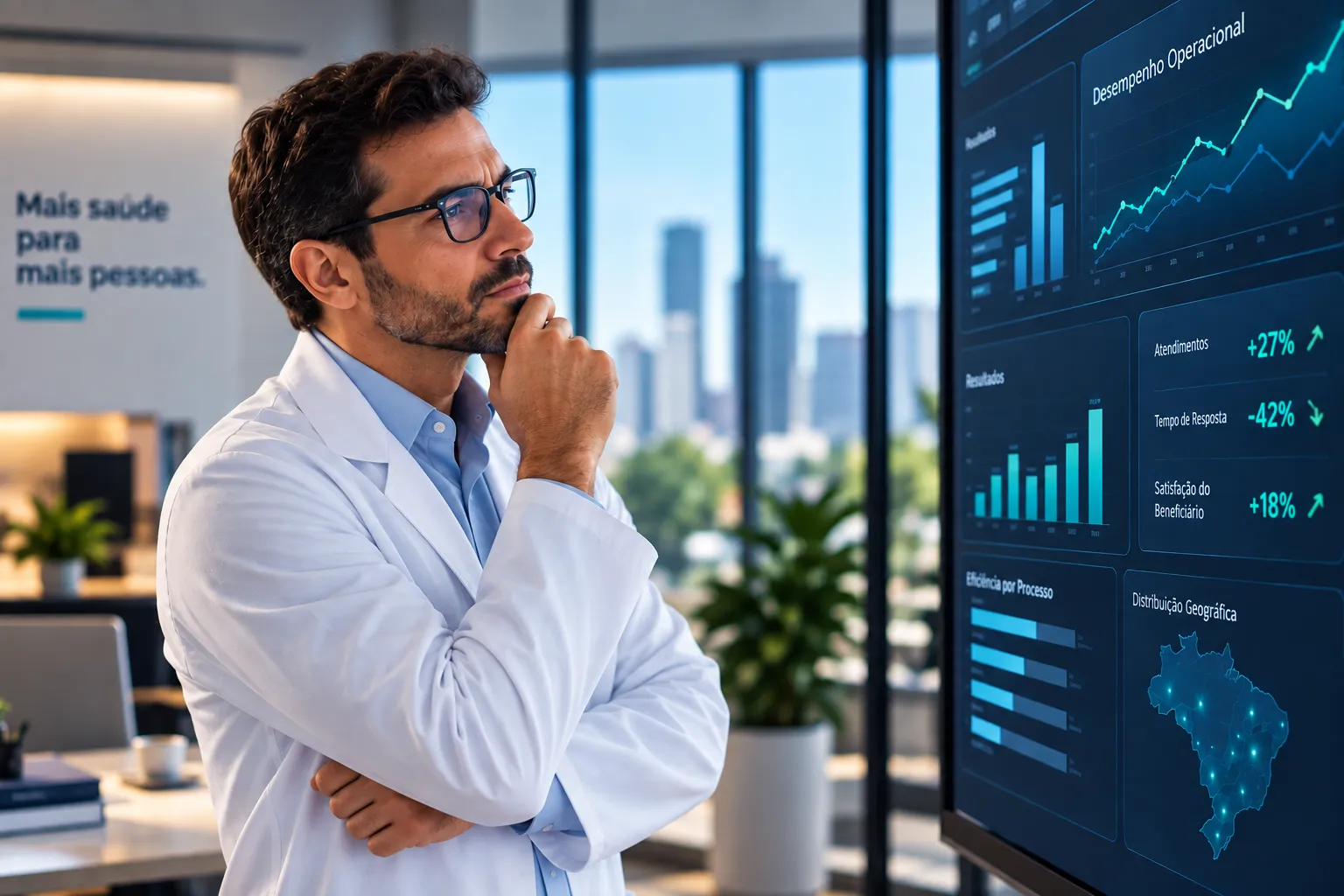 Como calcular o ROI da inteligência artificial em uma operadora de saúde? Foto ilustrativa de funcionário de operadora de saúde analisando gráficos